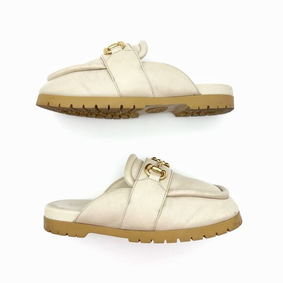 GUCCI Airel Cream White Leather Mule Size 38 Horsebit Slip On Loafer - Picture 3 of 13